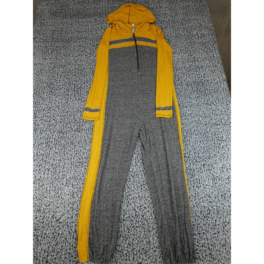 Free People Jumpsuit Womens Medium Yellow Grey Hooded Colorblock Zip Lounge